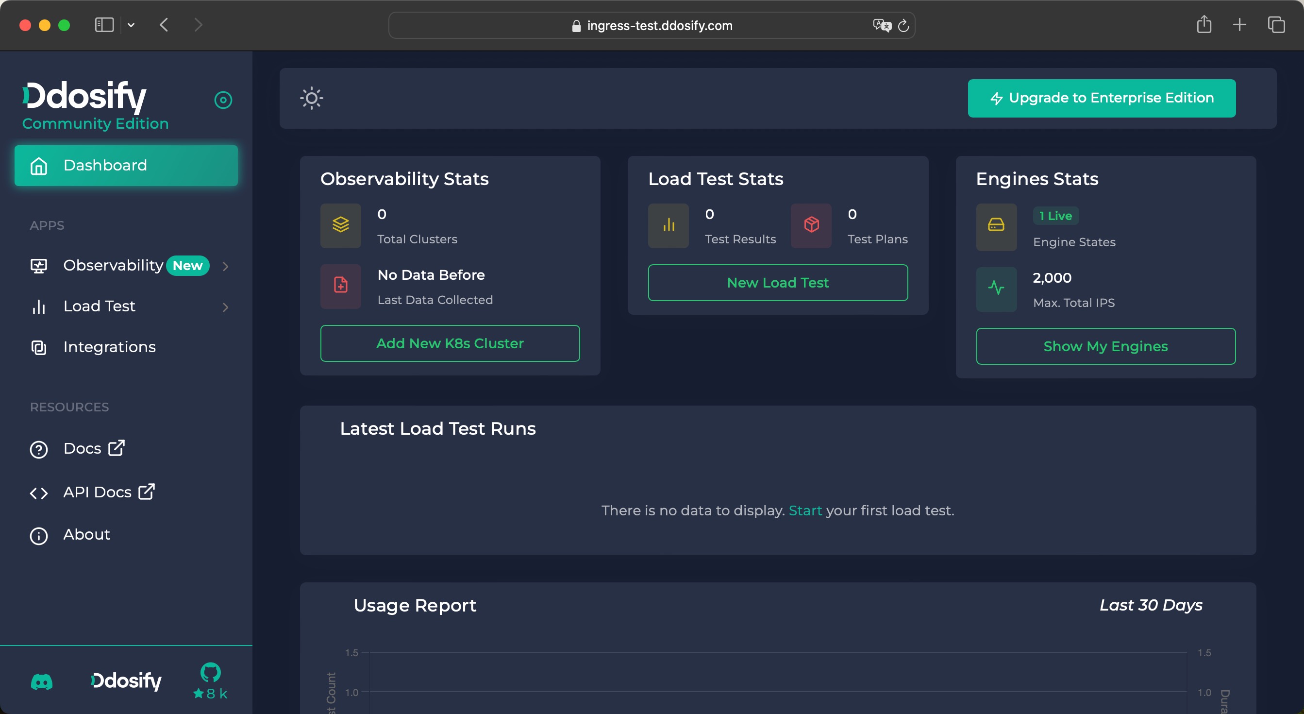Ddosify Self-Hosted Dashboard Page